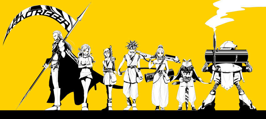 1other 3boys 3girls akitaka_(s_asai) armlet asymmetrical_bangs ayla_(chrono_trigger) bag baggy_pants bangs bare_shoulders belt blunt_bangs boots bracer breasts cape cavewoman chrono_trigger cleavage cloak crono_(chrono_trigger) crossbow crossed_arms curly_hair everyone frog_(chrono_trigger) frog_boy full_body fur_boots fur_cuffs fur_scarf fur_shirt fur_skirt glasses gloves gun hair_slicked_back headband headset helmet high_contrast high_ponytail highres holding holding_gun holding_scythe holding_sword holding_weapon jewelry knee_boots long_hair long_sleeves lucca_ashtear magus_(chrono_trigger) marle_(chrono_trigger) medium_breasts miniskirt multiple_boys multiple_girls neck_ring neckerchief one_eye_covered over_shoulder pants pointy_ears pointy_footwear robo_(chrono_trigger) robot sandals scarf scythe short_hair short_sleeves skirt smile socks spiked_hair spot_color sword tunic weapon weapon_over_shoulder yellow_background yellow_eyes