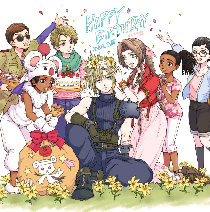 3girls 4boys aerith_gainsborough animal_hat aqua_eyes armor baggy_pants bandaged_arm bandages bangle bangs basket belt birthday_cake black_footwear black_hair black_shorts blonde_hair blue_pants blue_shirt boots bracelet braid braided_ponytail brown_eyes brown_gloves brown_hair cake calf_socks choker cloud_strife collared_shirt cosplay cropped_jacket curly_hair dark-skinned_female dark-skinned_male dark_skin dated dress falling_petals female_child final_fantasy final_fantasy_vii final_fantasy_vii_remake flower flower_choker food fur_collar fur_gloves glasses gloves green_eyes green_scarf green_shirt hair_between_eyes hair_ribbon hand_on_another's_head hand_up happy_birthday hat head_wreath highres holding holding_basket holding_cake holding_flower holding_food holding_sack jacket jewelry knee_up kneeling long_dress long_sleeves male_child moggie_(ff7r) moogle moogle_(cosplay) multiple_belts multiple_boys multiple_girls oates_(ff7r) open_mouth outstretched_arms pants parted_bangs petals pink_dress pink_ribbon pink_shirt purple_pants red_jacket ribbon sack scarf shirt short_hair short_sleeves shorts shoulder_armor sidelocks sitting sleeveless sleeveless_turtleneck smile spiked_hair sunglasses suspenders teeth throwing_petals turtleneck twitter_username upper_teeth wavy_hair white_background white_footwear white_gloves white_headwear white_pants white_shirt yellow_flower you_(blacknwhite)