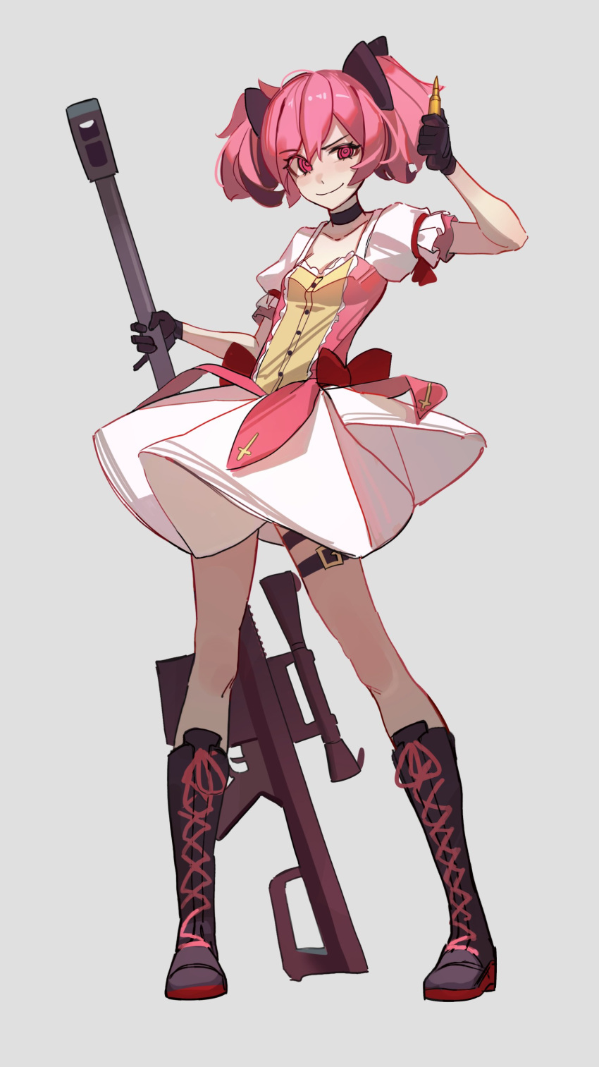 1girl absurdres bangs black_footwear black_gloves boots choker closed_umbrella english_commentary eximmetry full_body gloves gun highres holding holding_weapon kaname_madoka looking_at_viewer magical_girl mahou_shoujo_madoka_magica pink_eyes pink_hair rifle ringed_eyes short_eyebrows short_hair short_twintails simple_background smile sniper_rifle solo standing thigh_strap twintails umbrella weapon white_background