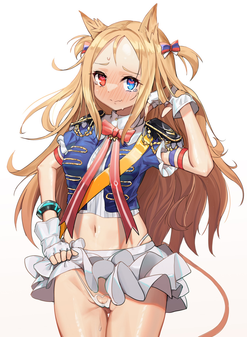 1girl absurdres animal_ears archetto_(arknights) archetto_(publicity_strategy)_(arknights) arknights ass_visible_through_thighs blonde_hair blue_eyes blush bracelet cameltoe clothes_lift cowboy_shot crop_top embarrassed epaulettes fingerless_gloves gloves hair_ribbon hand_in_own_hair heart heart-shaped_pupils heterochromia highleg highleg_panties highres jewelry lifted_by_self lion_ears lion_girl lion_tail long_hair midriff miniskirt navel neck_ribbon official_alternate_costume panties pantyshot red_eyes ribbon skirt skirt_lift suye symbol-shaped_pupils tail tearing_up two_side_up underwear white_skirt