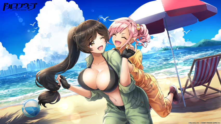 ;d ball bangs beach beachball bikini bird black_bikini black_gloves black_hair breasts brown_eyes cleavage collarbone commentary_request copyright dolphin_wave facing_another fang fingerless_gloves gloves green_jumpsuit hair_intakes highres jumpsuit large_breasts long_hair looking_at_another low-tied_long_hair mole mole_on_breast mole_under_mouth official_art official_wallpaper one_eye_closed open_jumpsuit orange_jumpsuit parasol pink_hair ponytail smile swept_bangs swimsuit umbrella urami_kana yabame_yume