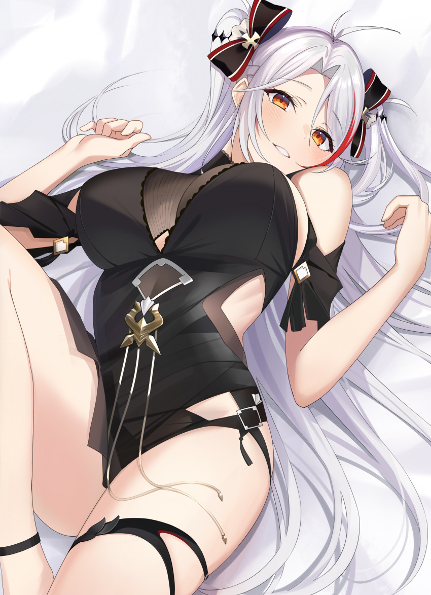 1girl absurdres ahoge ankle_strap azur_lane black_dress bow breasts dress hair_bow hands_up highres iron_blood_(emblem) large_breasts long_hair lying multicolored_hair on_back orange_eyes parted_lips prinz_eugen_(azur_lane) prinz_eugen_(cordial_cornflower)_(azur_lane) red_hair short_dress solo streaked_hair thigh_strap thighs two_side_up very_long_hair white_hair xiaoxiao_de_kuangsan