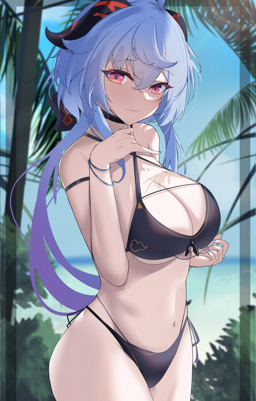 1girl absurdres ahoge bangs bare_shoulders bikini black_bikini blue_hair blush breasts cleavage collarbone ganyu_(genshin_impact) genshin_impact highres horns large_breasts long_hair looking_at_viewer musicatopos navel purple_eyes smile solo swimsuit thighs