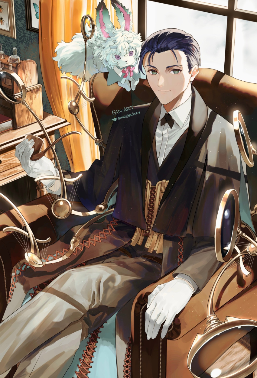1boy bangs black_hair black_pants chair closed_mouth collared_shirt commentary_request creature facial_hair fate/grand_order fate_(series) feet_out_of_frame formal fou_(fate) gloves green_eyes highres holding holding_smoking_pipe jacket light_particles light_smile long_sleeves looking_at_viewer magnifying_glass male_focus megechan pants purple_eyes sherlock_holmes_(fate) shirt short_hair sitting smile smoking_pipe solo suit sunlight twitter_username white_gloves white_shirt