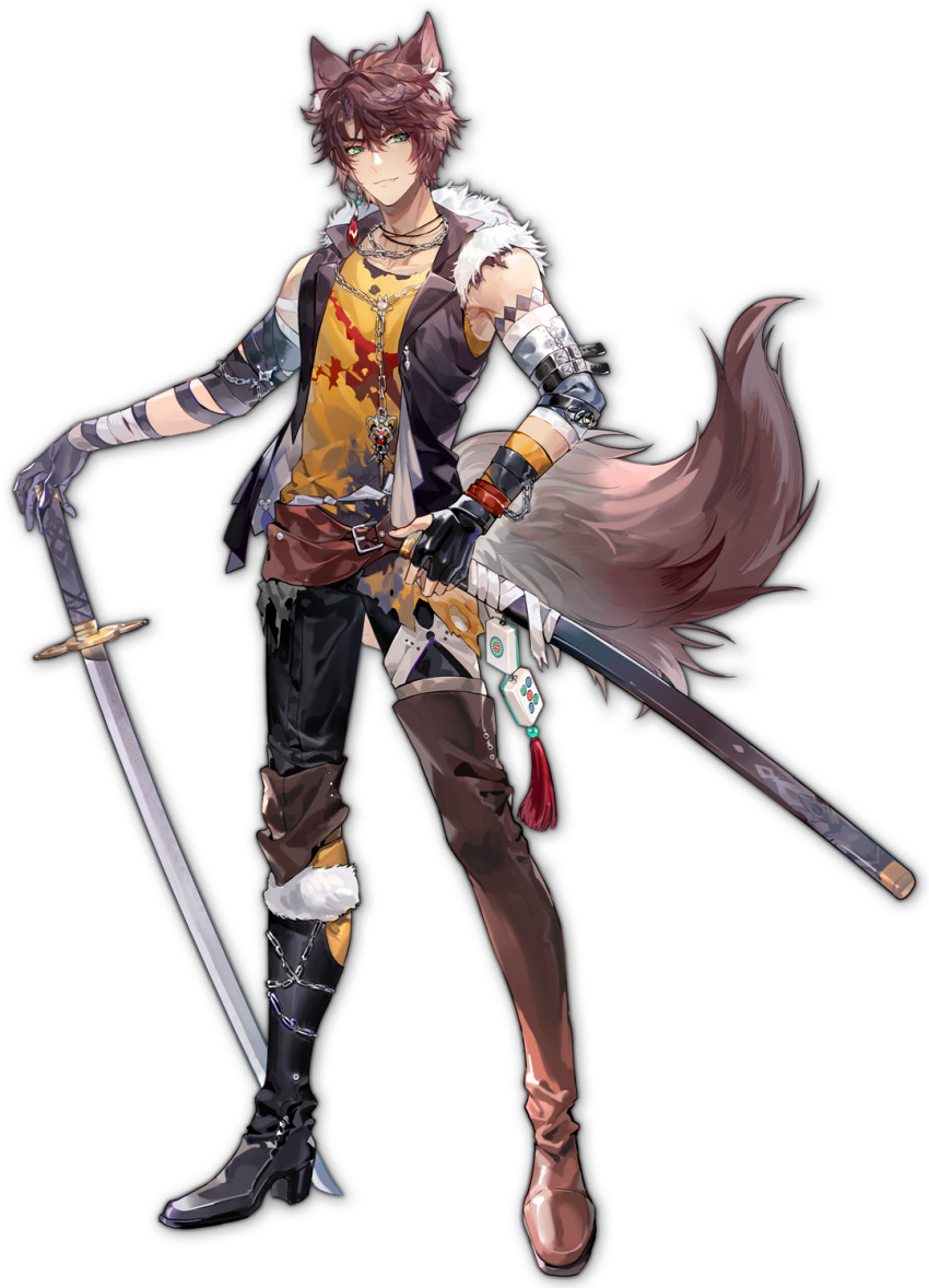 1boy animal_ears brown_hair chain_necklace earrings fur_trim gloves grey_eyes highres holding holding_weapon jacket jewelry katana mahjong_soul male_focus necklace official_art short_hair sleeveless solo sword tail weapon wolf_boy wolf_ears wolf_tail yostar zechs_(mahjong_soul)