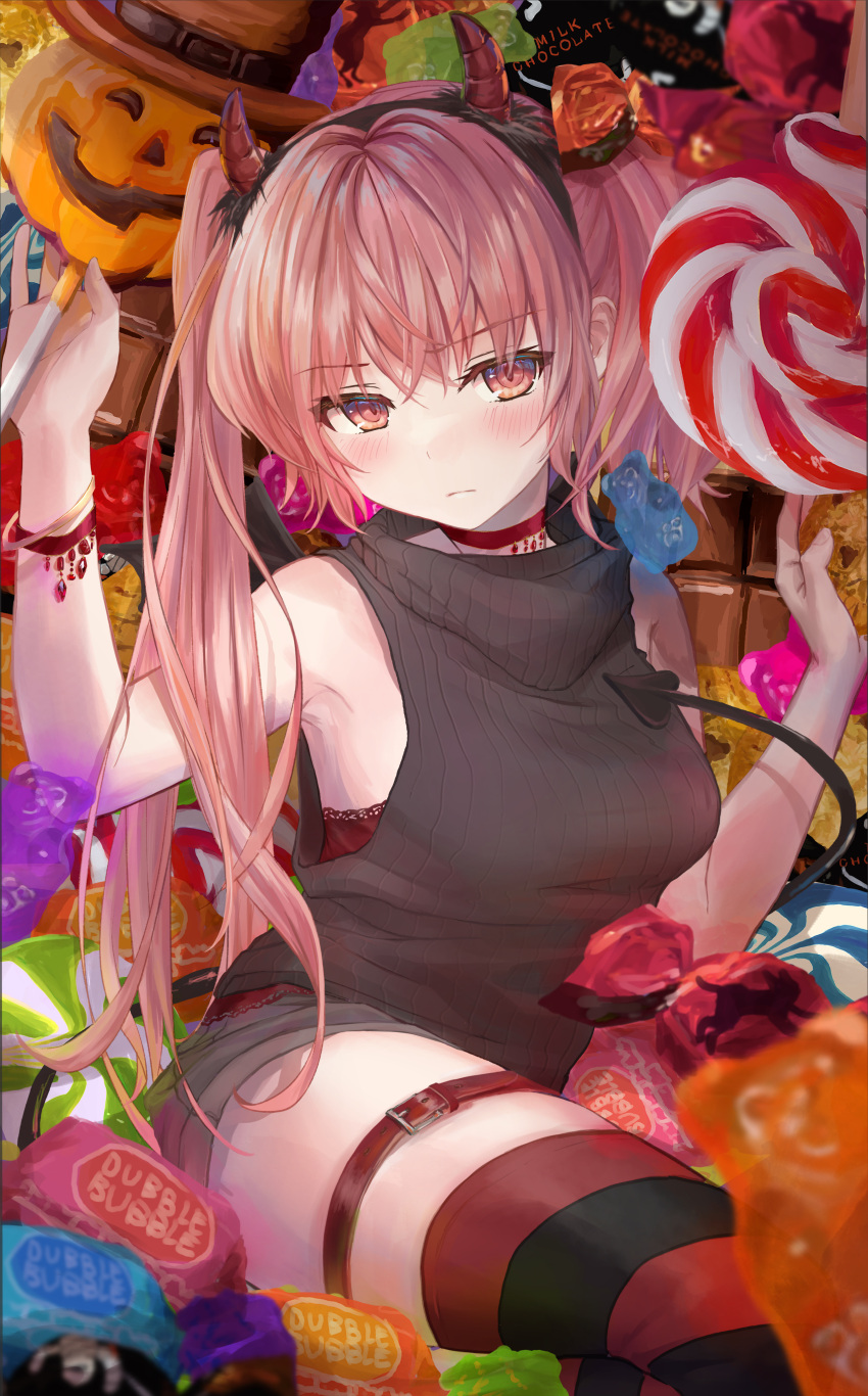 1girl absurdres armpit_peek bare_shoulders belt black_hairband black_sweater blush bracelet candy choker dekalco demon_tail fake_horns food furrowed_brow hairband halloween hands_up highres horns jack-o'-lantern jewelry leaning_to_the_side lollipop long_hair original pink_eyes pink_hair pumpkin red_choker sitting solo striped striped_thighhighs sweater tail thigh_belt thigh_strap thighhighs thighs turtleneck turtleneck_sweater twintails very_long_hair