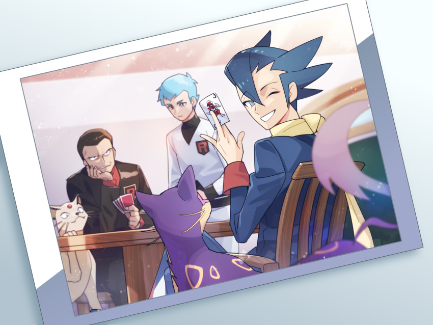 3boys archer_(pokemon) bisharp black_hair blue_eyes blue_hair card cat chair forehead_jewel giovanni_(pokemon) grimsley_(pokemon) highres liepard logo looking_at_viewer male_focus momoji_(lobolobo2010) multiple_boys one_eye_closed persian photo_(object) pokemon pokemon_(creature) pokemon_(game) pokemon_bw pokemon_hgss pokemon_lgpe sitting smile tail team_rocket team_rocket_uniform teeth