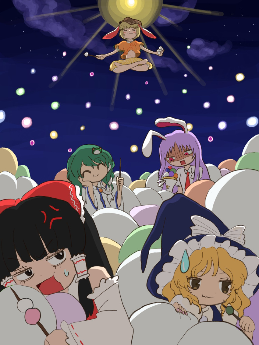 5girls anger_vein animal_ears arms_up bangs bare_shoulders barefoot beret black_eyes black_hair blonde_hair blue_dress blue_headwear blue_sky bow breasts brown_eyes brown_headwear chunmarupi closed_eyes closed_mouth cloud cloudy_sky collared_dress collared_shirt commentary_request crossed_legs dango detached_sleeves dress eating eyes_visible_through_hair flying food frog_hair_ornament full_moon green_hair grey_bow grey_shirt gun hair_between_eyes hair_ornament hair_tubes hakurei_reimu hand_on_own_face hand_up hands_up hat hat_bow highres holding holding_weapon kirisame_marisa kochiya_sanae legacy_of_lunatic_kingdom long_hair long_sleeves looking_back looking_down looking_to_the_side lunatic_gun lying medium_breasts medium_hair moon multiple_girls navel necktie night night_sky on_stomach open_mouth orange_shirt puffy_short_sleeves puffy_sleeves purple_hair rabbit_ears red_bow red_dress red_eyes red_necktie reisen_udongein_inaba ringo_(touhou) shaded_face shirt short_hair short_sleeves shorts sky smile snake_hair_ornament spell_card standing star_(sky) starry_sky striped striped_shorts sweat sweatdrop t-shirt touhou wagashi weapon wide_sleeves witch_hat yellow_shorts