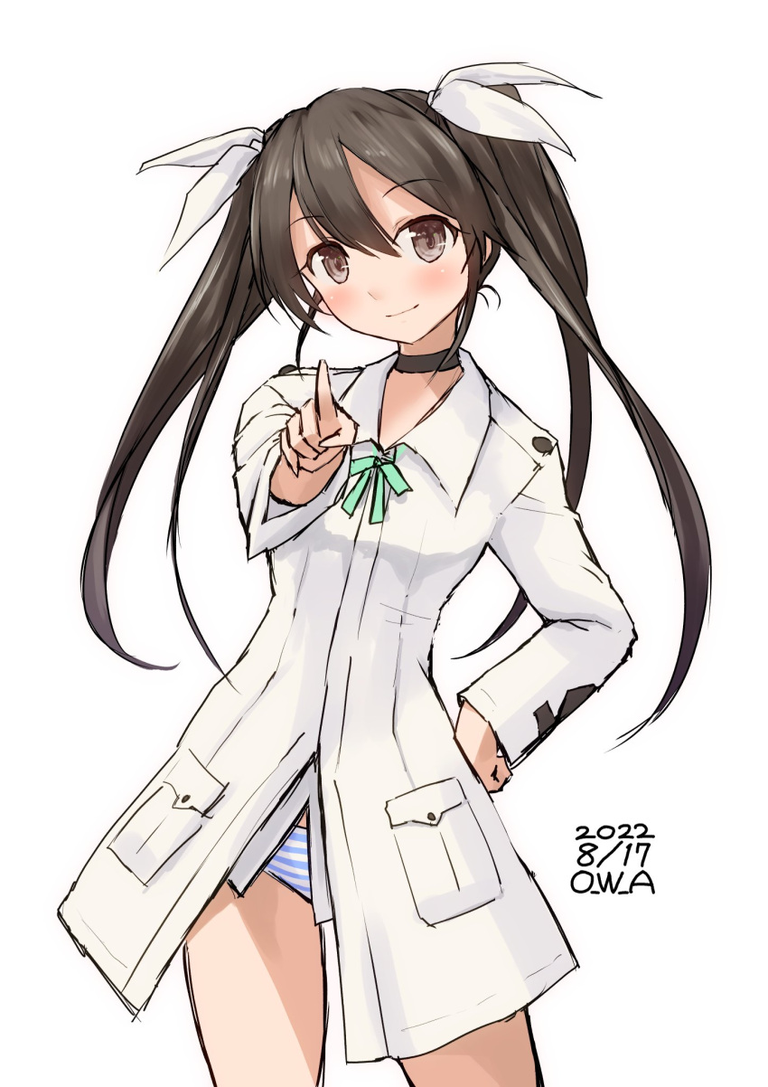 1girl artist_name brown_hair commentary_request cosplay cowboy_shot dated francesca_lucchini francesca_lucchini_(cosplay) hair_between_eyes hair_ribbon hand_on_hip highres jacket kantai_collection long_hair looking_at_viewer military_jacket one-hour_drawing_challenge owa_(ishtail) panties pointing ribbon simple_background solo strike_witches striped striped_panties tone_(kancolle) twintails underwear white_background white_jacket world_witches_series