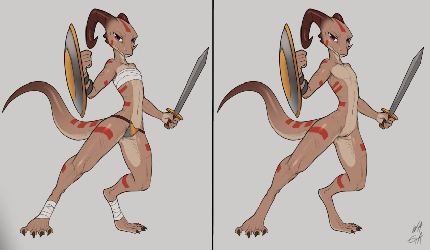 2019 alternate_version_at_source anthro casual_nudity chest_wraps clothed clothing countershading female flat_chested foot_wraps genitals hi_res holding_object holding_shield holding_sword holding_weapon horn kobold melee_weapon nude off/on pose pussy scalie shield solo sword tan_body thong underwear w4g4 weapon wraps