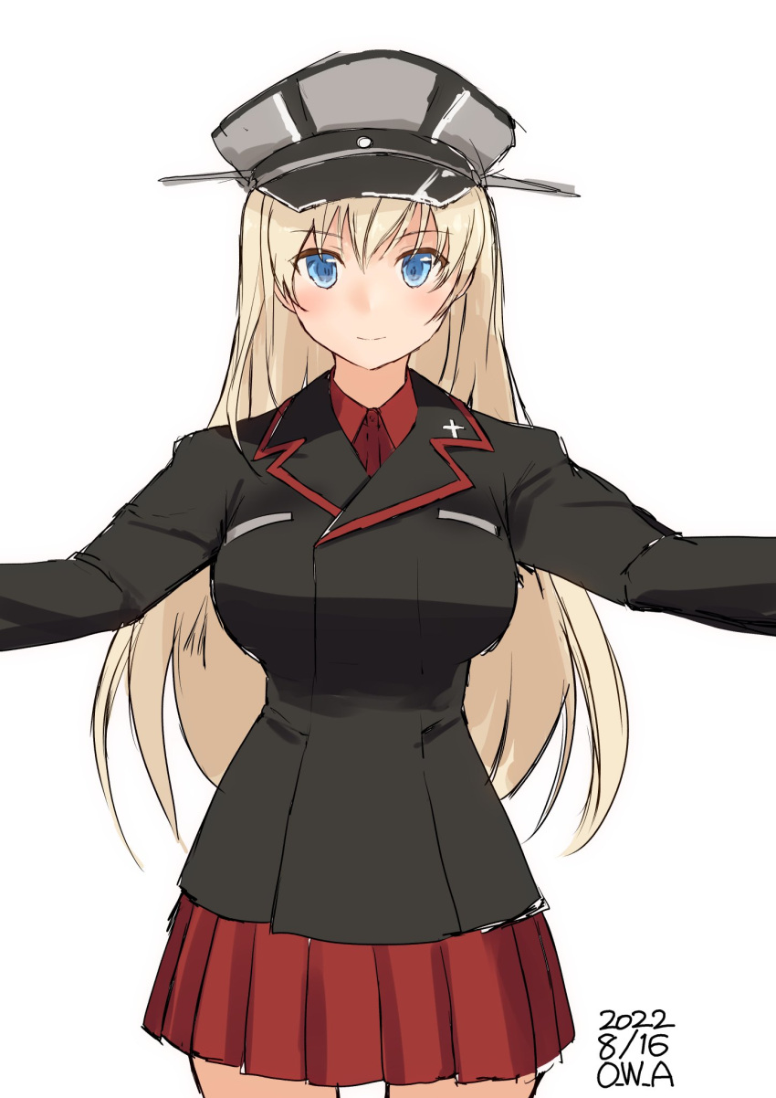 1girl bismarck_(kancolle) black_jacket black_shirt blonde_hair blue_eyes commentary_request cosplay country_connection dress girls_und_panzer hat highres jacket kantai_collection kuromorimine_military_uniform long_sleeves looking_at_viewer military military_uniform miniskirt one-hour_drawing_challenge outstretched_arms owa_(ishtail) peaked_cap pleated_dress pleated_skirt red_shirt red_skirt shirt simple_background skirt solo uniform white_background wing_collar