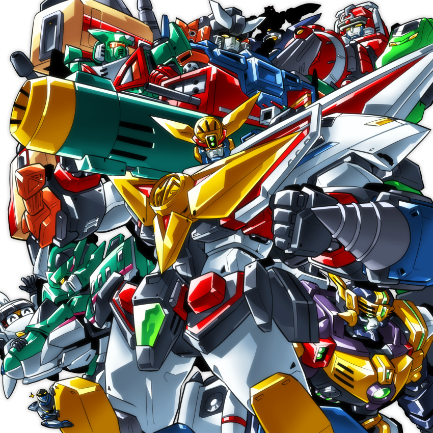 ^_^ annotated chou_tokkyu_hikarian closed_eyes crossover dennou_boukenki_webdiver drill e5_hayabusa_(shinkalion) ginga_shippuu_sasuraiger gladion_(webdiver) great_might_gaine_perfect_mode green_eyes highres inyoku_tokkyuu_zetsurinoo japan_railways kansenger kouichi_(kouichi-129) looking_up mecha multiple_crossover no_humans nozomi_(hikarian) orange_eyes raiden_(transformers) ressha_sentai_toqger robot sasuraiger_(mecha) science_fiction shinkansen_henkei_robo_shinkalion shoulder_cannon silhouette super_robot super_sentai tokusatsu toq-oh trait_connection transformers v-fin visor waving yellow_eyes yuusha_series yuusha_tokkyuu_might_gaine zetsurinoo