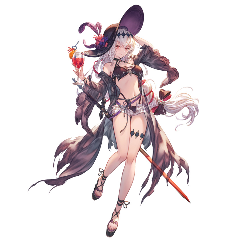 1girl bikini cup dark_jeanne dark_persona drinking_glass drinking_straw feathers granblue_fantasy hair_ribbon hat highleg highleg_bikini jeanne_d'arc_(granblue_fantasy) long_hair minaba_hideo official_art red_eyes ribbon sandals shorts solo sprite swimsuit sword weapon white_hair