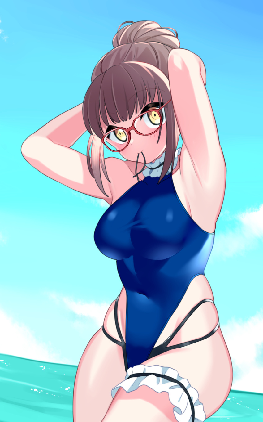 1girl beach breasts brown_hair glasses hair_bun hair_tie hair_tie_in_mouth highres jiitarou large_breasts looking_at_viewer mahjong_soul mouth_hold ninomiya_hana ocean one-piece_swimsuit solo swimsuit tight tying_hair yellow_eyes