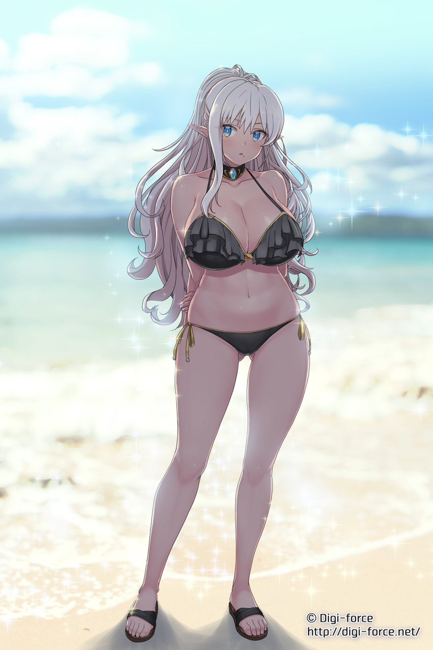 arms_behind_back ass_visible_through_thighs bare_legs bare_shoulders beach bikini black_bikini blue_eyes blurry blurry_background blush breasts cleavage collar collarbone depth_of_field elf flip-flops frilled_bikini frills full_body gem grey_hair highres kimura_shigetaka large_breasts long_hair looking_at_viewer mole mole_under_mouth navel ocean original parted_lips pointy_ears ponytail ribbon sandals side-tie_bikini sparkle standing stomach swimsuit very_long_hair water yellow_ribbon