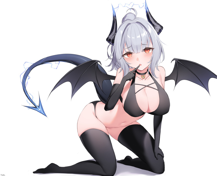 1girl :o absurdres arknights bare_shoulders bikini black_bikini black_gloves black_thighhighs black_wings blush breasts cleavage collarbone collared_shirt commentary demon_wings dragon_girl dragon_horns dragon_tail elbow_gloves electricity english_commentary finger_to_mouth full_body gloves grey_hair heart highres horns kneeling large_breasts leaning_forward liskarm_(arknights) long_hair looking_back navel open_mouth ponytail red_hair shirt simple_background solo swimsuit tail thighhighs white_background wings xooku