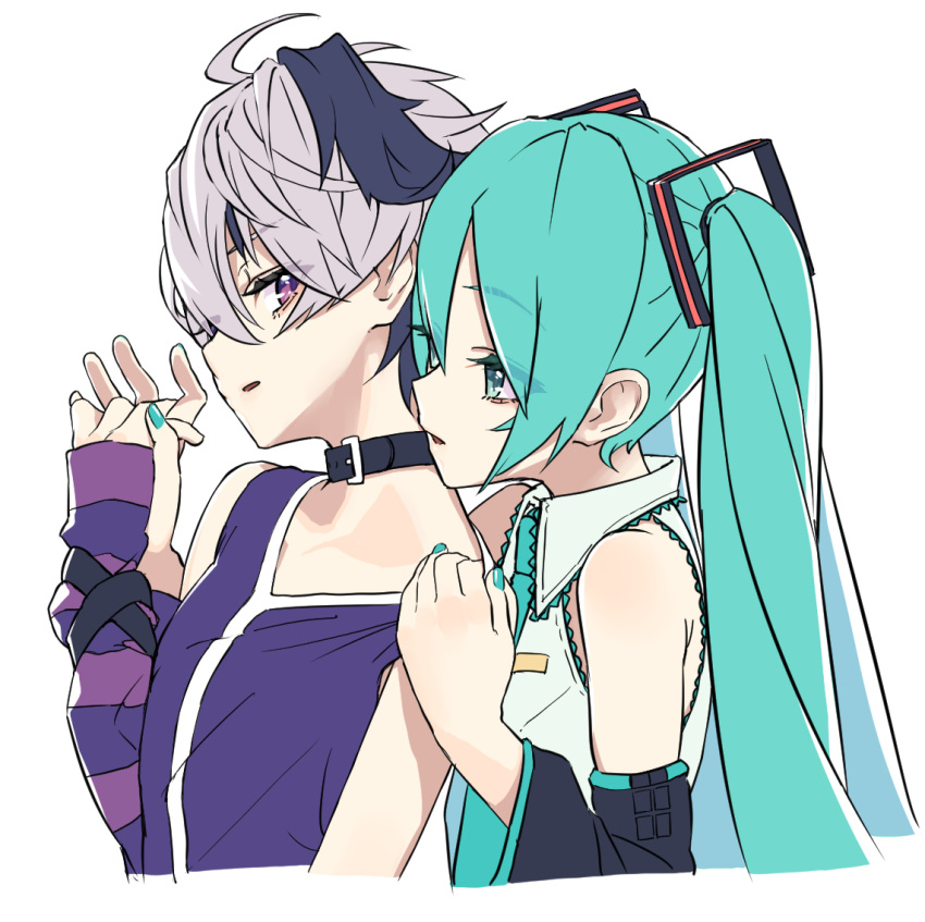 2girls ahoge aqua_eyes aqua_hair aqua_nails aqua_necktie arm_warmers bare_shoulders belt_collar black_sleeves collar collarbone commentary_request detached_sleeves flower_(vocaloid) flower_(vocaloid4) from_side grey_shirt hair_ornament hand_on_another's_shoulder hand_up hatsune_miku holding_hands interlocked_fingers long_hair looking_at_another looking_back multicolored_hair multiple_girls necktie parted_lips purple_hair purple_shirt rsk_(tbhono) shirt short_hair sleeveless sleeveless_shirt streaked_hair striped_arm_warmers twintails upper_body very_long_hair vocaloid