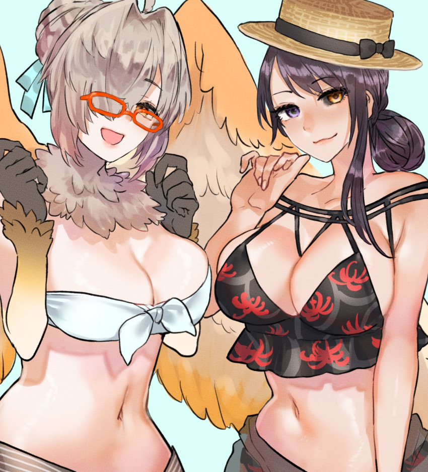 2girls animal_hands babalon_(housamo) bikini black_bikini black_hair black_sclera blue_background boater_hat breasts brown_hair collarbone colored_sclera feathered_wings feathers front-tie_bikini front-tie_top glasses hair_bun hair_intakes hair_over_one_eye harpy hat heterochromia highres large_breasts looking_at_viewer lostdog121 monster_girl multiple_girls navel neck_ruff official_alternate_costume open_mouth pale_skin purple_eyes red-framed_eyewear simple_background single_hair_bun single_sidelock smile spider_lily_print swimsuit tokyo_afterschool_summoners upper_body white_bikini white_feathers wings yellow_eyes ziz_(housamo)