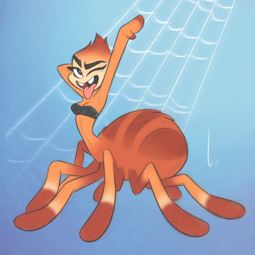 2022 arachnid arachnid_taur arthropod arthropod_taur birchly bottomless bottomless_female breasts cleavage clothed clothing crop_top dreamworks female full-length_portrait fur hand_behind_head hi_res ms._tarantula_(the_bad_guys) mygalomorph one_eye_closed orange_body orange_fur portrait raised_arm shirt solo spider spider_taur spider_web stretching tarantula tarantula_taur taur the_bad_guys tongue tongue_out tooth_gap topwear
