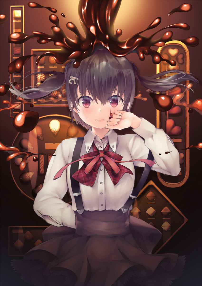 !? 1girl arm_behind_back bangs black_hair blush bow bowtie box box_of_chocolates chocolate chocolate_on_face chocolate_on_head collared_shirt floating_hair food food_on_face frown hair_ornament hand_up highres long_hair long_sleeves messy n:go neck_ribbon original plaid plaid_bow red_eyes ribbon shirt skirt solo strap_slip suspender_skirt suspenders sweat twintails wiping_face