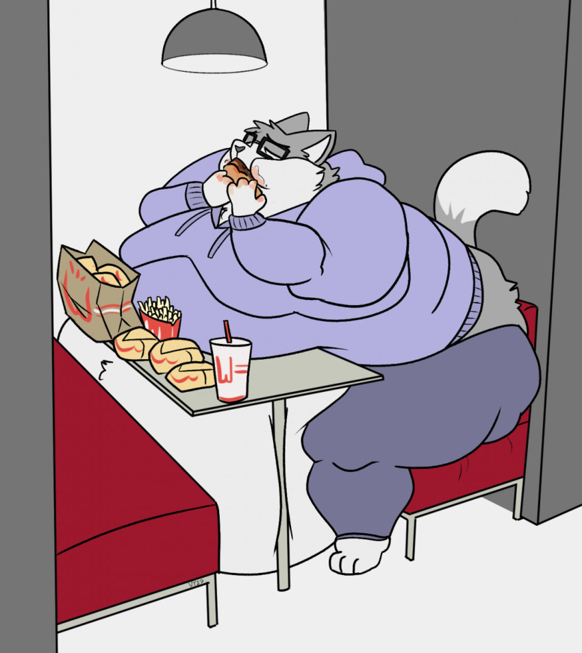 anthro belly belly_overhang beverage big_belly big_butt burger butt clothed clothing domestic_cat eating eyewear fast_food_restaurant fat_rolls felid feline felis food fries fur glasses grey_body grey_fur hi_res holding_food holding_object hoodie hyper hyper_belly inside male mammal messy moobs morbidly_obese morbidly_obese_anthro morbidly_obese_male obese obese_anthro obese_male overweight overweight_anthro overweight_male sitting solo stuffing thick_thighs topwear toxi vanillayote