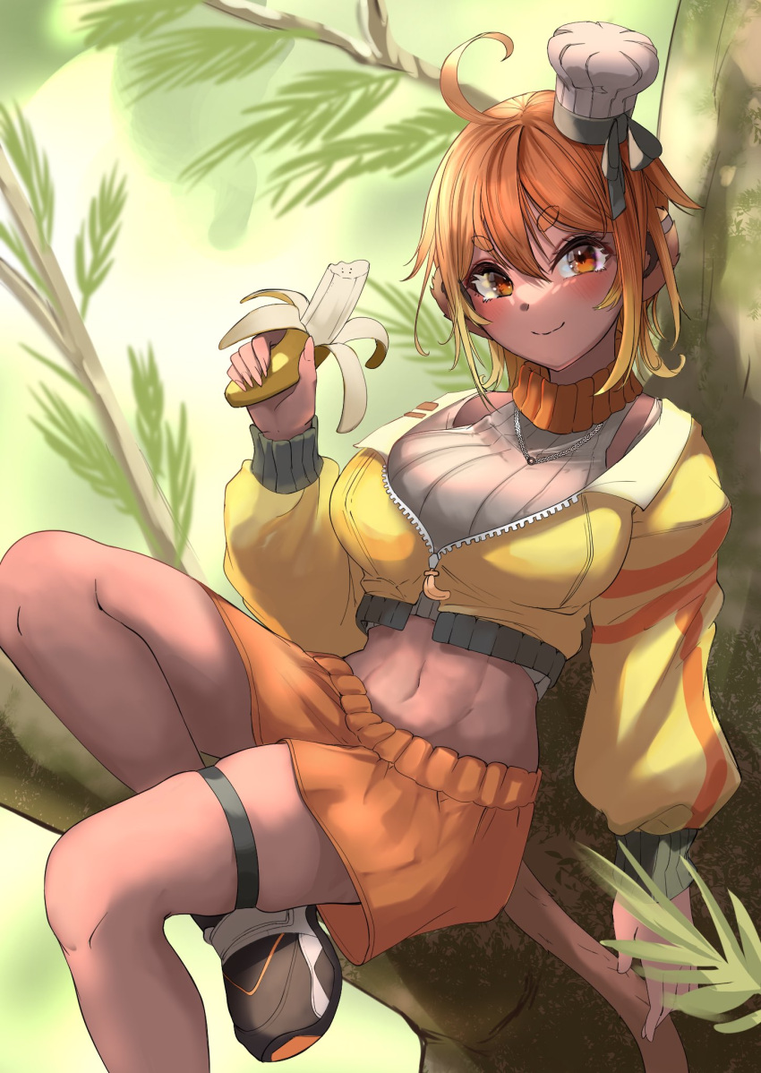 1girl ;) abs alikap animal_ears banana blush branch breasts chef_hat commission commissioner_upload cropped_jacket dark-skinned_female dark_skin eating food fruit hat haven-x highres jacket jewelry koa_himari large_breasts long_sleeves looking_at_viewer midriff mini_hat monkey_ears monkey_girl monkey_tail navel necklace one_eye_closed open_clothes open_jacket orange_eyes orange_hair orange_shorts ribbed_sweater second-party_source shoes short_eyebrows short_hair shorts skeb_commission skindentation sleeveless sleeveless_turtleneck smile sneakers solo sweater tail thigh_strap tree turtleneck turtleneck_sweater white_sweater yellow_jacket