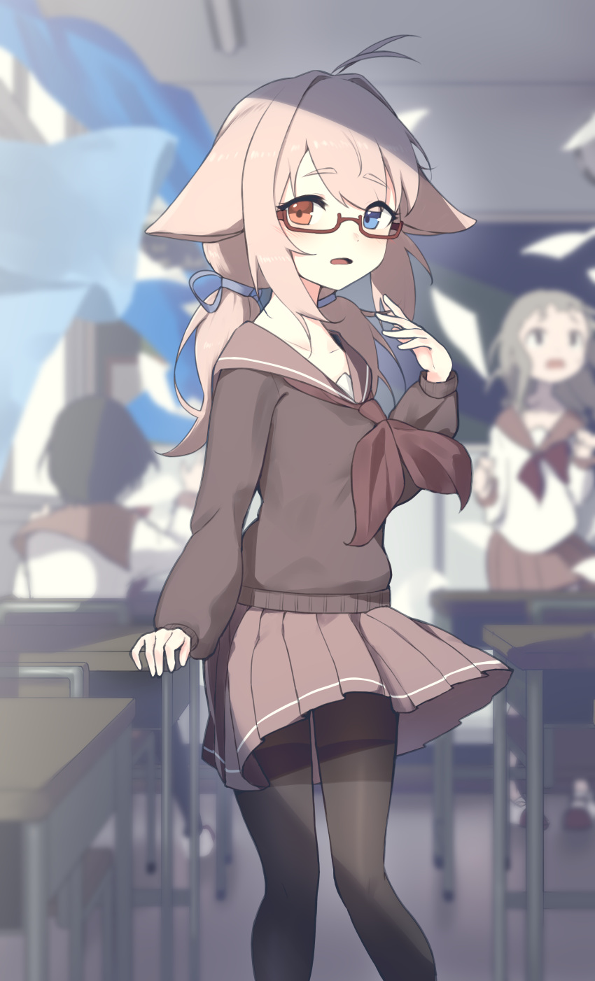 3girls absurdres animal_ears antenna_hair bangs blue_eyes blue_ribbon blurry blurry_background brown_neckerchief brown_pantyhose brown_sailor_collar brown_skirt brown_sweater classroom collarbone glasses hair_ribbon heterochromia highres hoplitx indoors light_brown_hair long_hair looking_at_viewer low_twintails multiple_girls neckerchief open_mouth original pantyhose pleated_skirt red_eyes ribbon sailor_collar school_uniform sidelocks skirt solo_focus sweater swept_bangs twintails yukino_ko_(yukino_shiratama)