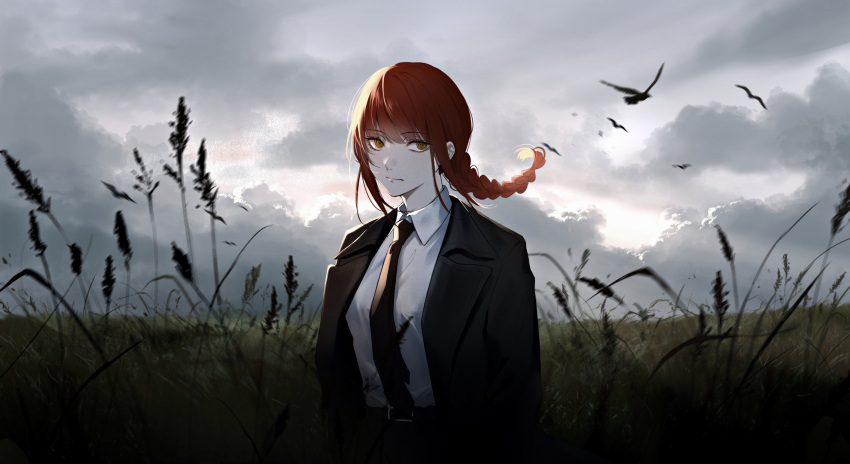 1girl arms_at_sides bangs belt bird black_jacket black_necktie black_pants black_suit blood blood_on_clothes braid braided_ponytail chainsaw_man cloud cloudy_sky collared_shirt day expressionless field floating_hair formal grass grey_sky hama_m highres jacket looking_at_viewer low_ponytail makima_(chainsaw_man) medium_hair motion_blur necktie outdoors pants red_hair ringed_eyes scenery shirt silhouette single_braid sky solo standing suit upper_body wheat_field white_shirt yellow_eyes