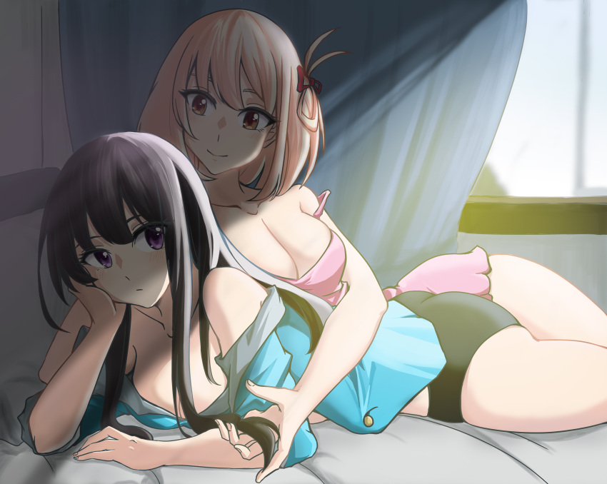 2girls absurdres bed black_hair black_panties blonde_hair breasts camisole cleavage collarbone curtains hair_ribbon highres indoors inoue_takina large_breasts long_hair looking_at_another lycoris_recoil multiple_girls nishikigi_chisato on_bed panties playing_with_another's_hair purple_eyes red_eyes ribbon shadow short_hair smile sunlight unbuttoned unbuttoned_shirt underwear window yuri