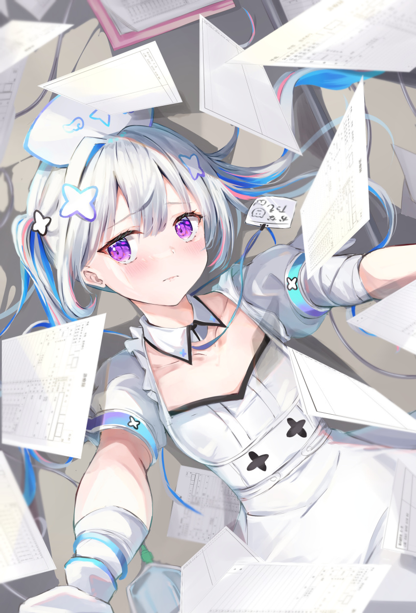 1girl absurdres amane_kanata bangs blue_hair blush closed_mouth collarbone commentary_request detached_collar dress dutch_angle flat_chest from_above gloves grey_hair hair_between_eyes hair_ornament head_tilt highres hololive lanyard long_hair looking_at_viewer lying mihasu nurse on_back outstretched_arms paper puffy_short_sleeves puffy_sleeves purple_eyes reaching_out short_sleeves sidelocks single_hair_intake solo twintails white_dress white_gloves white_headwear wing_collar