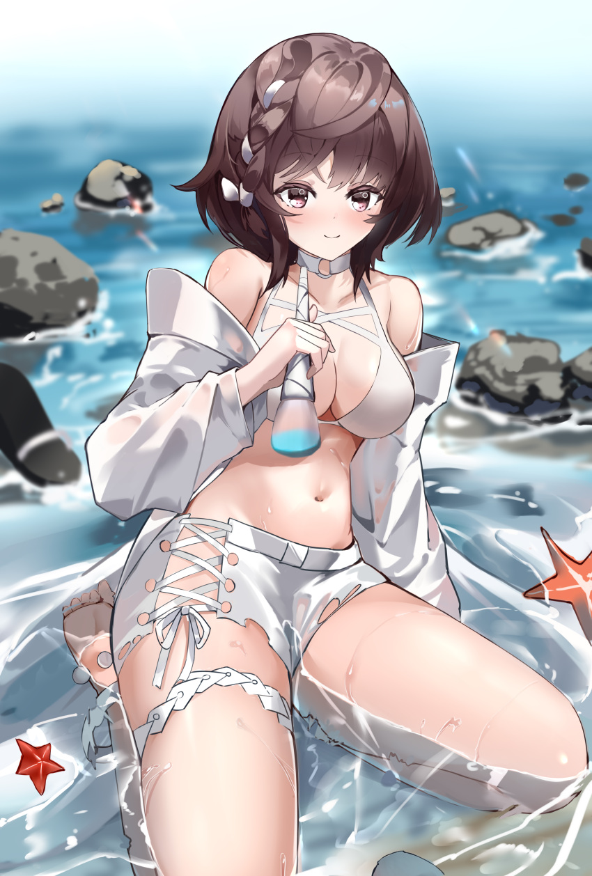 1girl absurdres arknights bangs bare_shoulders barefoot bikini braid breasts brown_eyes brown_hair choker cleavage closed_mouth collarbone highres holding jacket kneeling large_breasts long_sleeves looking_at_viewer makeup_brush navel o-ring o-ring_choker ocean off_shoulder official_alternate_costume open_clothes open_jacket pomegranate_nana roberta_(arknights) roberta_(summer_flowers)_(arknights) rock short_hair short_shorts shorts side_braid smile solo starfish swimsuit water white_bikini white_choker white_jacket white_shorts