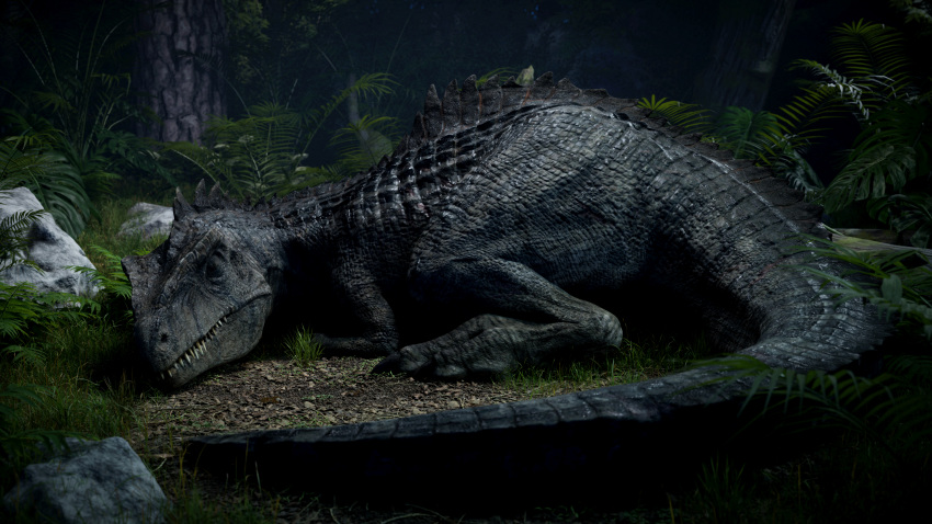 16:9 3d_(artwork) 4k absurd_res ambiguous_gender carcharodontosaurid claws detailed_background digital_media_(artwork) dinosaur dorsal_ridge eyes_closed feral fern giganotosaurus grass hi_res ivorylagiacrus jurassic_park jurassic_world jurassic_world:_dominion lying night on_front on_ground outside plant reptile rock scales scalie sharp_teeth sleeping solo teeth theropod tree universal_studios widescreen