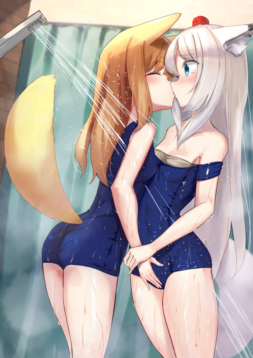 2girls absurdres akinakesu-chan animal_ear_fluff animal_ears bangs bare_shoulders blonde_hair blue_eyes blue_swimsuit blush breasts closed_eyes clothes_pull commentary_request fox_ears fox_girl fox_tail grey_hair hair_between_eyes highres indoors kiss long_hair multiple_girls old_school_swimsuit original romaji_commentary school_swimsuit shower_(place) shower_curtain shower_head showering small_breasts swimsuit swimsuit_pull tail tears very_long_hair water yuri