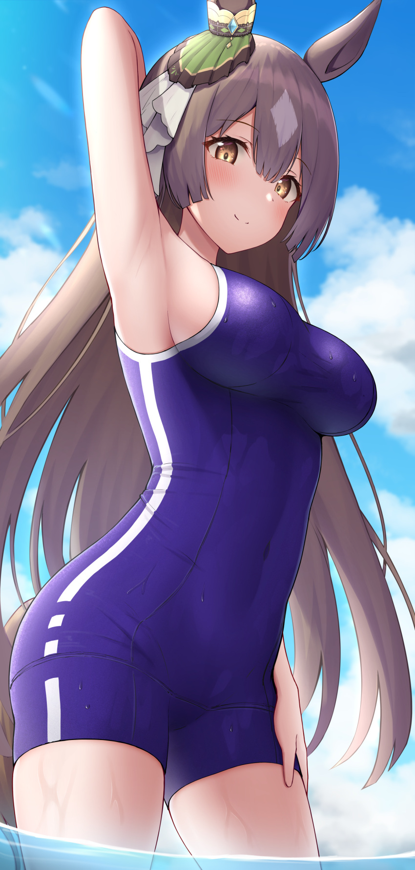 1girl absurdres animal_ears arm_behind_head arm_up armpits bangs blue_swimsuit blush breasts brown_hair closed_mouth competition_school_swimsuit covered_navel cowboy_shot highres horse_ears horse_girl horse_tail large_breasts long_hair looking_at_viewer satono_diamond_(umamusume) school_swimsuit school_uniform sideboob smile solo straight_hair swimsuit tail tail_through_clothes topgear tracen_school_uniform umamusume very_long_hair wet wet_clothes wet_swimsuit yellow_eyes