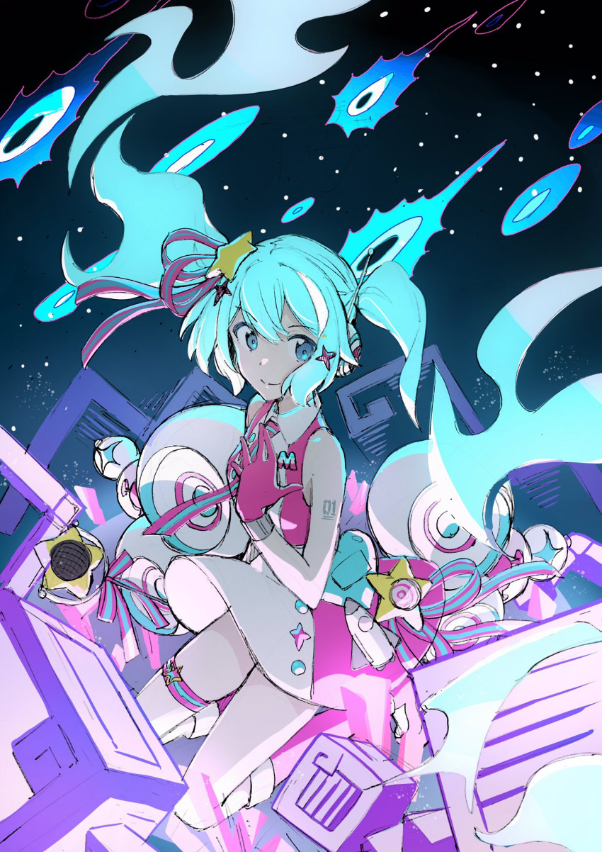 1girl agonasubi aqua_eyes aqua_hair bare_arms boots cd commentary cube future_eve_(vocaloid) gloves glowing glowing_hair hair_ornament hair_ribbon hand_on_own_chest hatsune_miku heart highres hip_gear long_hair magical_mirai_(vocaloid) magical_mirai_miku magical_mirai_miku_(2022) night night_sky orb pink_footwear pink_gloves pink_ribbon pink_shirt pink_skirt ribbon rocket shirt shooting_star shoulder_tattoo skirt sky sleeveless sleeveless_shirt solo speaker star_(sky) star_(symbol) star_hair_ornament striped striped_ribbon tattoo thigh_strap twintails underlighting