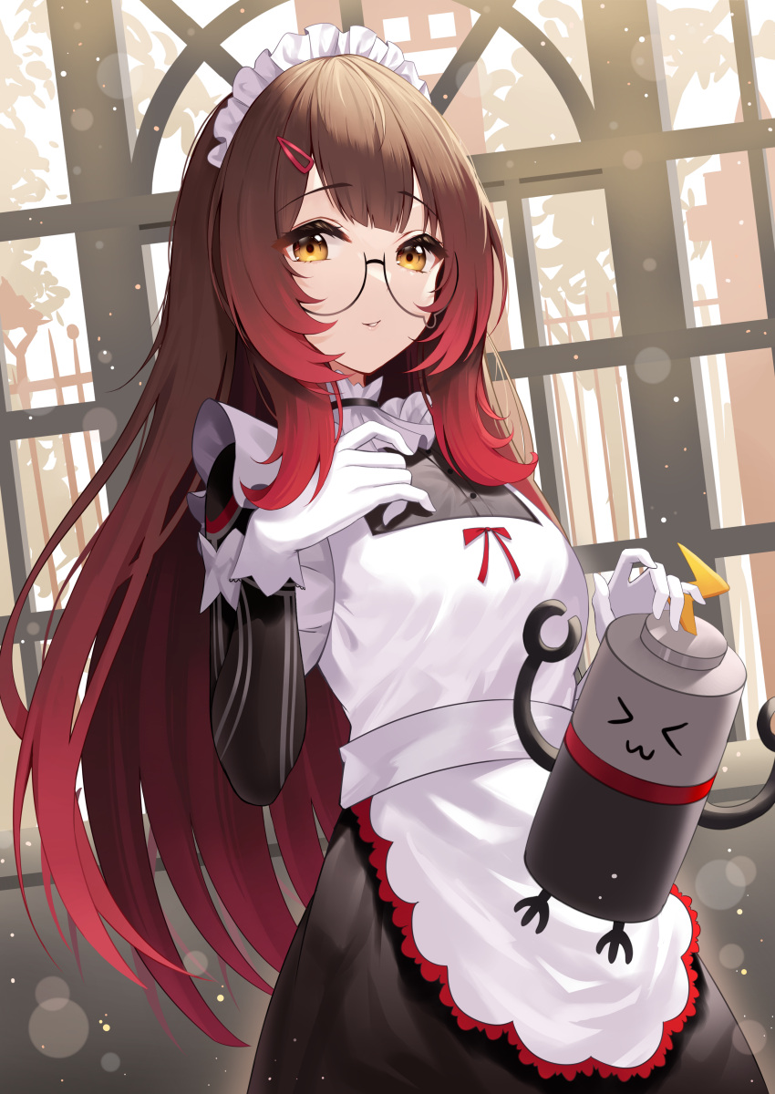 &gt;_&lt; 1girl :3 absurdres apron bangs black_dress brown_eyes brown_hair dress glasses gloves gradient_hair hair_ornament hairclip highres hololive long_hair long_sleeves looking_at_viewer maid_headdress multicolored_hair parted_lips red_hair roboco-san robosaa_(roboco) roina_(effj7473) semi-rimless_eyewear solo teardrop-framed_glasses very_long_hair virtual_youtuber white_apron white_gloves x3