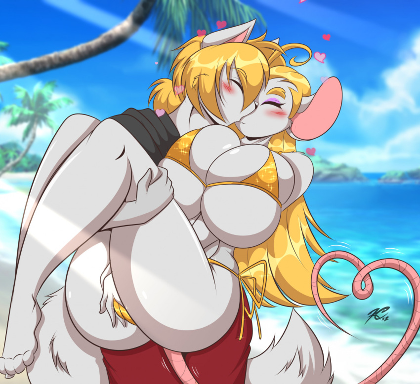 &lt;3 2022 4_toes 5_fingers anthro barefoot beach big_breasts bikini bikini_bottom bikini_top blonde_hair blush breasts bridal_carry butt canid canine canis carrying carrying_another carrying_partner cleavage cleavage_overflow clothed clothing curvaceous curvy_figure dingo dreaj1 duo eyes_closed feet female fingers fur hair hindpaw hoodie humanoid_hands jessica_(mastergodai) ken_dalton kissing male male/female mammal mastergodai mouse murid murine outside palm_tree paws plant rascals rodent sand sea seaside signature skimpy skimpy_bikini swimming_trunks swimwear toes topwear tree voluptuous water webcomic white_body white_fur