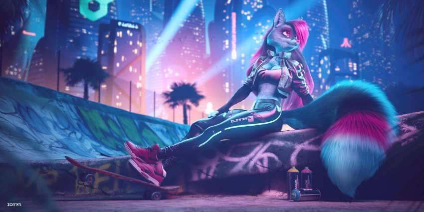 anthro bottomwear bra breasts canid canine city cityscape clothed clothing female footwear fox fur graffiti grey_body grey_fur hair hi_res inner_ear_fluff jacket long_hair looking_away mammal multicolored_tail night open_clothing open_topwear pants pink_body pink_eyes pink_fur pink_hair pink_nose plant shoes sitting skate_park skateboard smile sneakers solo spotlight spray_can topwear tree tuft underwear whiskers zorryn