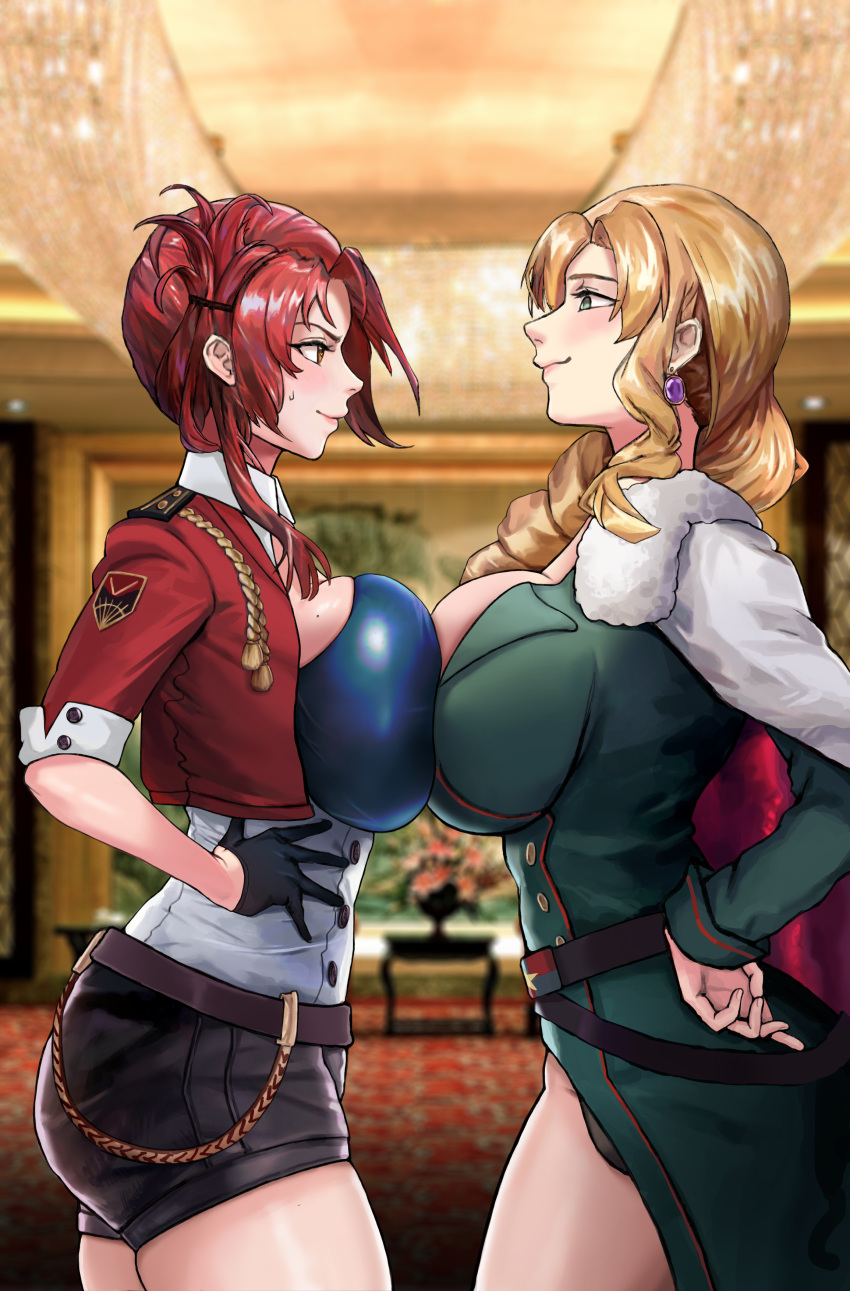 2girls absurdres asymmetrical_hair bangs belt blurry blurry_background blush breast_press breasts brown_hair chain character_request closed_mouth coat collared_shirt cropped_jacket drill_hair earrings folded_hair from_side fur_trim gem green_coat hands_on_hips highres honkai_(series) honkai_impact_3rd huge_breasts impossible_clothes impossible_shirt indoors jewelry looking_at_another looking_at_viewer mature_female medium_hair multiple_girls murata_himeko nice_(kingzone) nose profile red_hair shirt short_shorts shorts sideboob smile swept_bangs symmetrical_docking underbust wing_collar