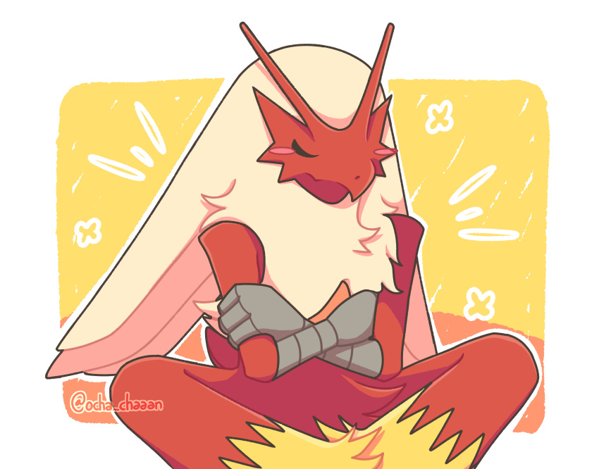 2020 ambiguous_gender anthro beak blaziken blush eyes_closed feathers hi_res multicolored_body multicolored_feathers nintendo ocha_chaaan pok&eacute;mon pok&eacute;mon_(species) red_body red_feathers signature simple_background sitting solo video_games white_body white_feathers yellow_body yellow_feathers