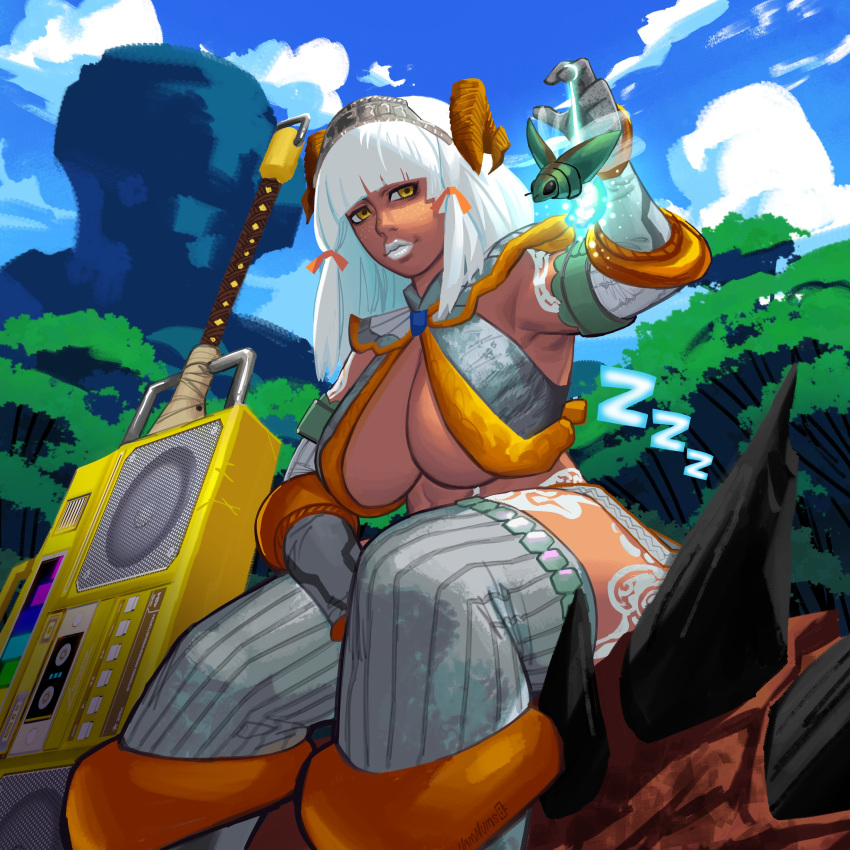 1girl absurdres alternate_weapon armor bangs blue_sky blunt_bangs boombox breasts bug cloud cloudy_sky commission dark-skinned_female dark_skin detached_sleeves dragon dragon_horns english_commentary freckles from_below gloves grey_lips grey_thighhighs hair_ribbon hairband halter_top halterneck highres horns huge_weapon large_breasts leg_tattoo medium_hair monster_hunter_(character) monster_hunter_(series) monster_hunter_rise numsnam pink_rathian planted revealing_clothes ribbed_legwear ribbon shoulder_armor sitting sitting_on_animal sky sleeping solo_focus tattoo thick_thighs thighhighs thighs tribal_tattoo weapon white_hair wirebug yellow_eyes zzz