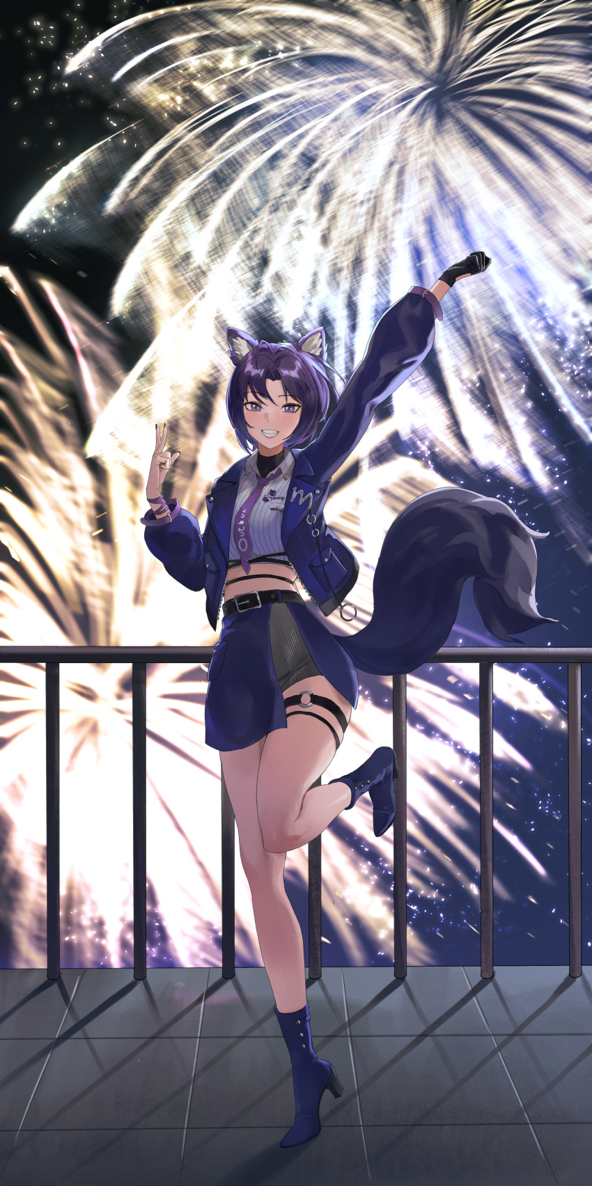 1girl a-soul absurdres ahoge animal_ear_fluff animal_ears arm_up belt blue_footwear boots carol_(a-soul) chuck_(harfmoondark) clenched_teeth collared_shirt commentary_request dot_nose fireworks forehead full_body gloves hand_up high_heel_boots high_heels highres jacket long_sleeves looking_at_viewer medium_hair midriff necktie o-ring_strap open_clothes open_jacket open_mouth open_skirt pocket purple_eyes purple_hair purple_necktie purple_sleeves railing shadow shirt single_glove skirt solo sparkle sparkling_eyes standing standing_on_one_leg tail teeth thigh_strap v
