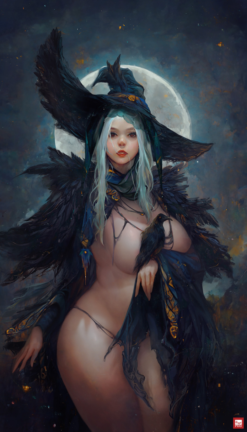 1girl absurdres animal animal_on_chest bird black_feathers breasts crow feathers full_moon hair_in_mouth hat highres large_breasts long_hair looking_at_viewer moon original panties phungdinhdung red_eyes revealing_clothes solo standing string_panties underwear white_hair witch witch_hat