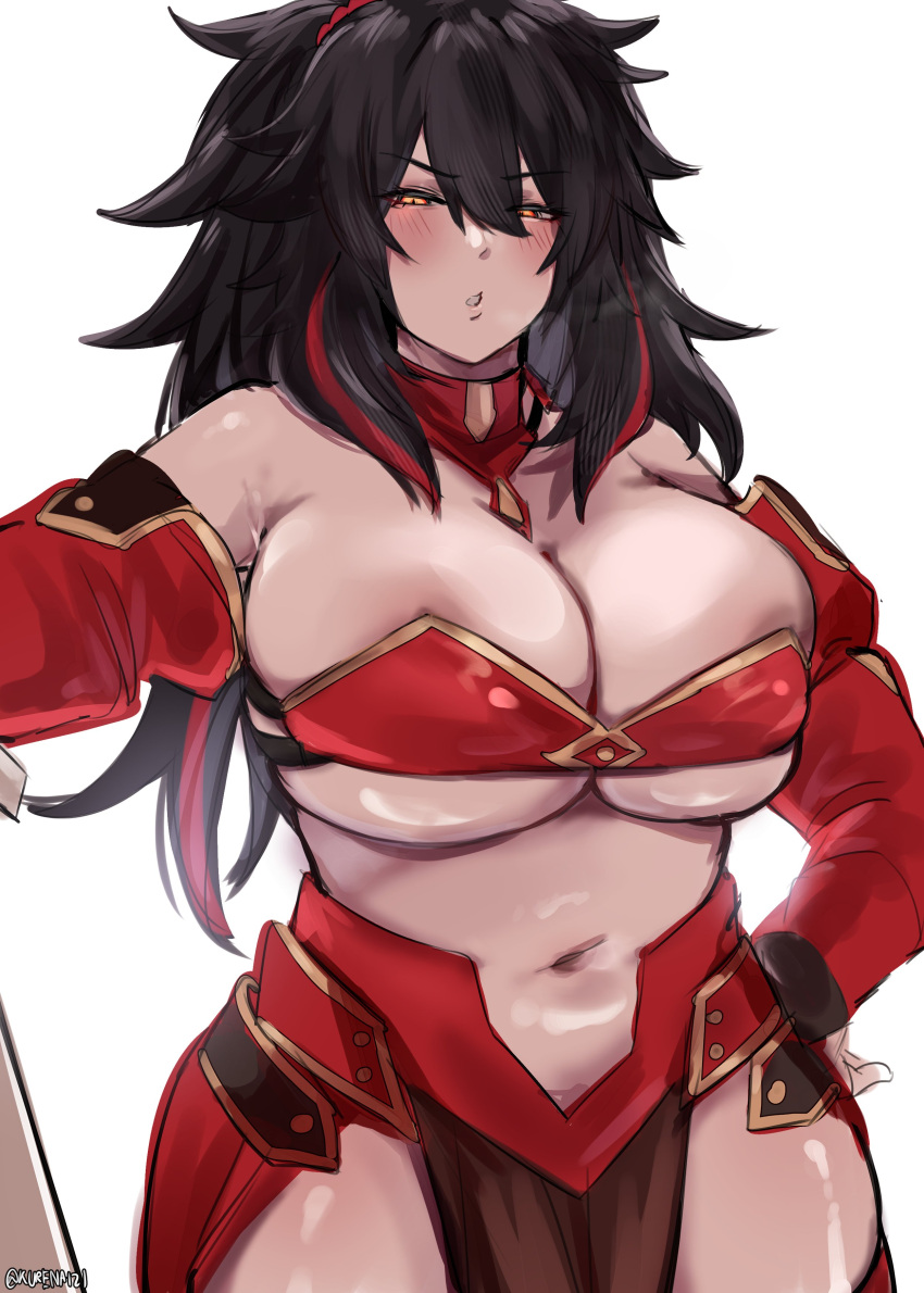 1girl absurdres bandeau bangs bare_shoulders black_hair blush breasts cleavage cosplay cowboy_shot dark-skinned_female dark_skin detached_sleeves english_commentary fate/apocrypha fate/grand_order fate_(series) hair_between_eyes hand_on_hip highres juliet_sleeves k_(kurenaiz1) kurenaiz1 large_breasts long_hair long_sleeves looking_at_viewer messy_hair mordred_(fate) mordred_(fate/apocrypha) mordred_(fate/apocrypha)_(cosplay) multicolored_hair navel original parted_lips puffy_sleeves red_hair slit_pupils solo stomach streaked_hair white_background yellow_eyes