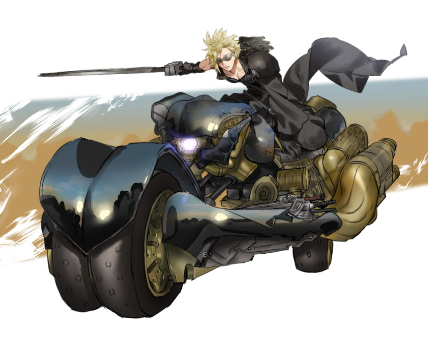 1boy armor black_gloves black_pants black_shirt blonde_hair cloud_strife final_fantasy final_fantasy_vii final_fantasy_vii_advent_children full_body fusion_swords gloves goggles ground_vehicle headlight holding holding_sword holding_weapon male_focus mikuroron on_motorcycle open_collar pants shirt short_hair shoulder_armor solo spiked_hair sword waist_cape weapon