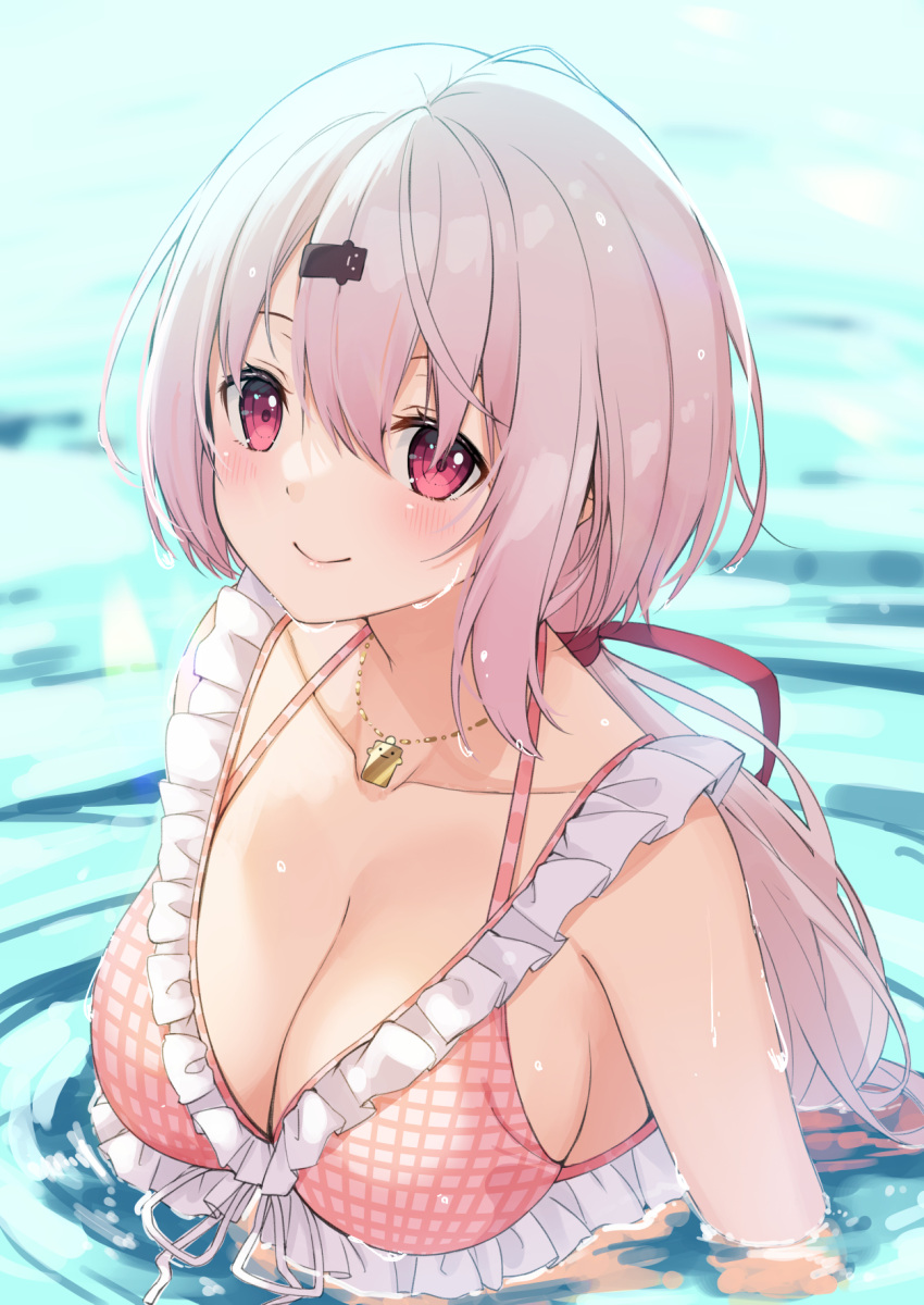 1girl bikini blush breasts closed_mouth collarbone hair_between_eyes hair_ribbon highres jewelry long_hair looking_at_viewer low_twintails medium_breasts necklace nijisanji partially_submerged pink_bikini pink_eyes pink_hair plaid plaid_bikini red_ribbon ribbon shiina_yuika smile solo swimsuit twintails upper_body virtual_youtuber water wet wet_clothes wet_hair wet_swimsuit yuuri_nayuta