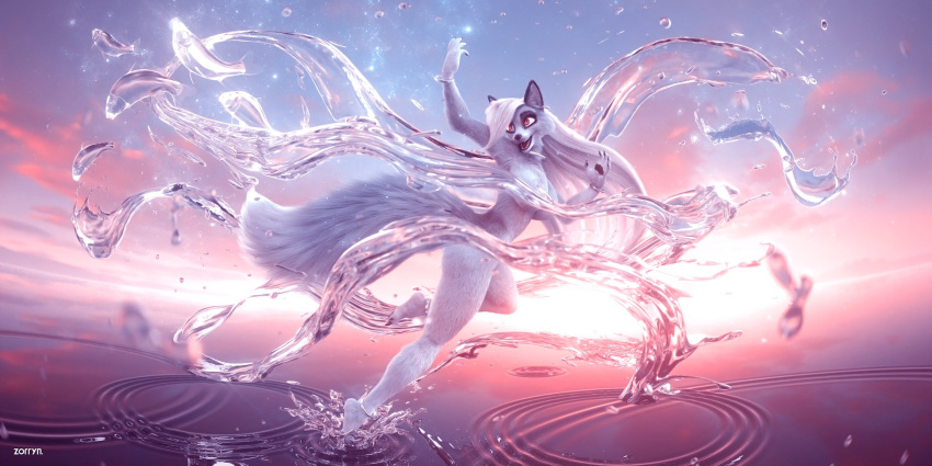 anthro bracelet breasts canid canine claws cloud cloudscape elemental_manipulation fangs female fox fur glistening hair handpaw hi_res hindpaw jewelry light long_hair looking_aside mammal nude open_mouth pawpads paws red_eyes sky smile solo sun sunlight sunrise teeth water water_manipulation white_body white_fur white_hair zorryn