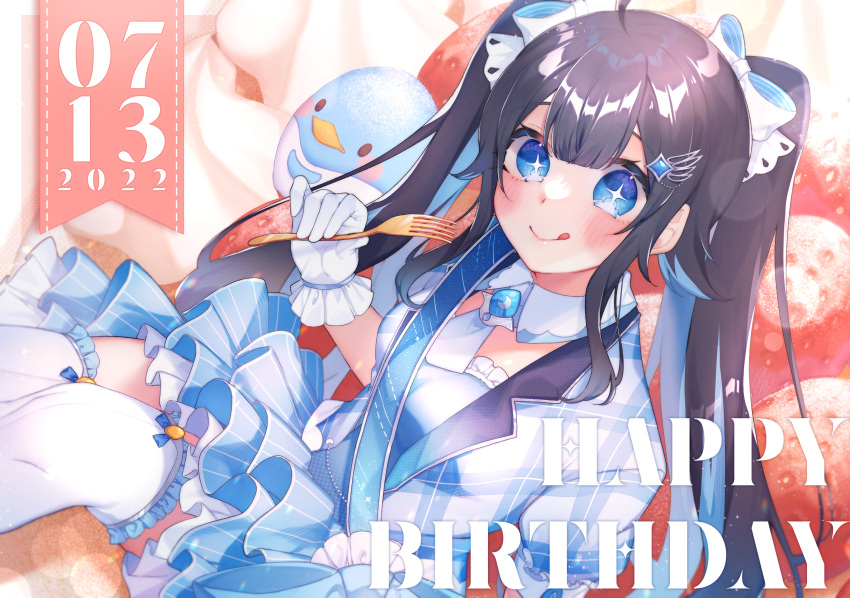 +_+ 1girl :p absurdres bangs black_hair blazer blue_eyes blush bow dated detached_collar food fork frilled_skirt frills fruit gloves hair_bow hair_ornament happy_birthday highres hin_ata_696 holding_utensil indie_virtual_youtuber jacket long_hair necktie sash sitting skirt smile solo strawberry stuffed_animal stuffed_penguin stuffed_toy thighhighs tongue tongue_out twintails very_long_hair virtual_youtuber yuki_michiru