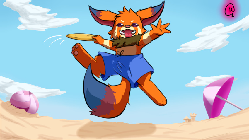 beach blue_bottomwear blue_clothing blue_shorts bottomwear clothing fur gnar_(lol) kakau221 league_of_legends male open_mouth orange_body orange_fur purple_eyes riot_games seaside shorts solo summer tongue video_games yordle