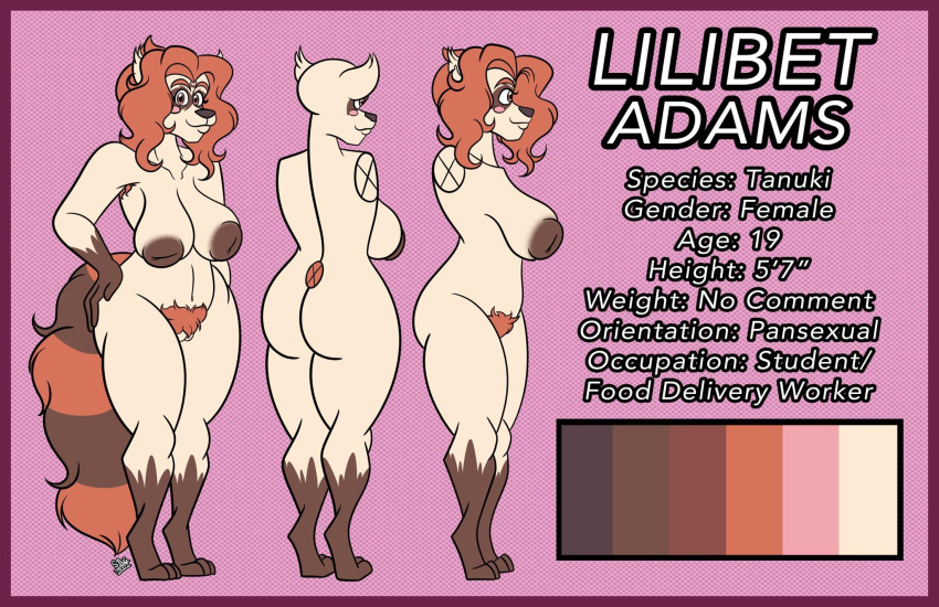 anthro breasts canid canine curvaceous curvy_figure female genitals hi_res inverted_nipples lilibet_adams_(candygurl) mammal model_sheet nipples nude pubes raccoon_dog sketchybug solo tanuki voluptuous